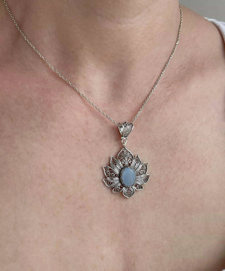 Filigree Art Blue Lace Agate Gemstone Lotus Flower Women Silver Pendant Necklace - Drakoi Marketplace