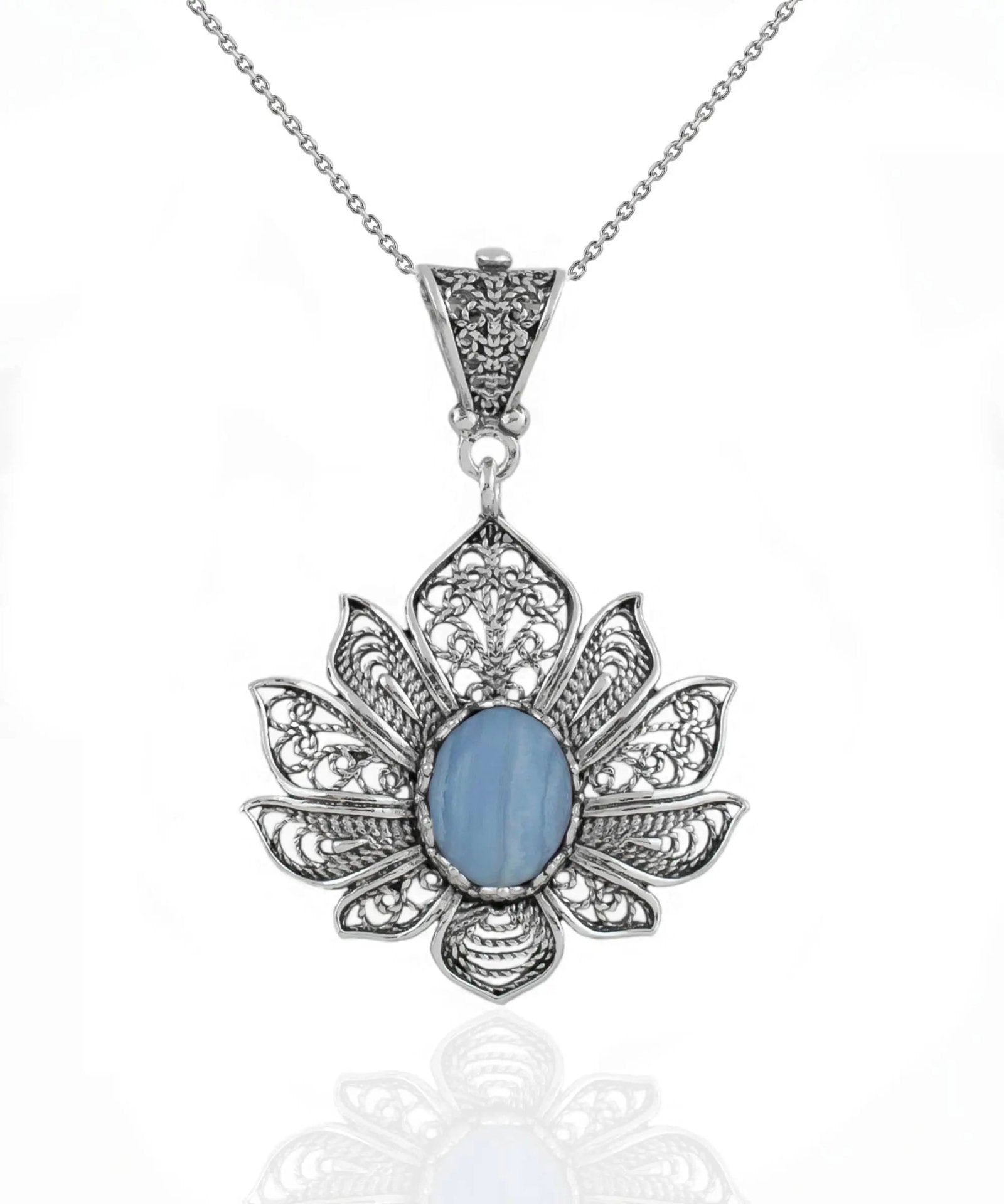 Filigree Art Blue Lace Agate Gemstone Lotus Flower Women Silver Pendant Necklace - Drakoi Marketplace