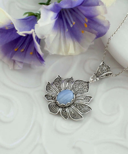 Filigree Art Blue Lace Agate Gemstone Lotus Flower Women Silver Pendant Necklace - Drakoi Marketplace