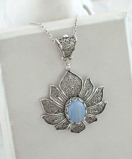 Filigree Art Blue Lace Agate Gemstone Lotus Flower Women Silver Pendant Necklace - Drakoi Marketplace