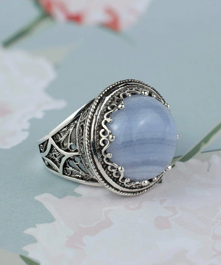 Filigree Art Blue Lace Agate Gemstone Women Silver Bold Statement Ring - Drakoi Marketplace