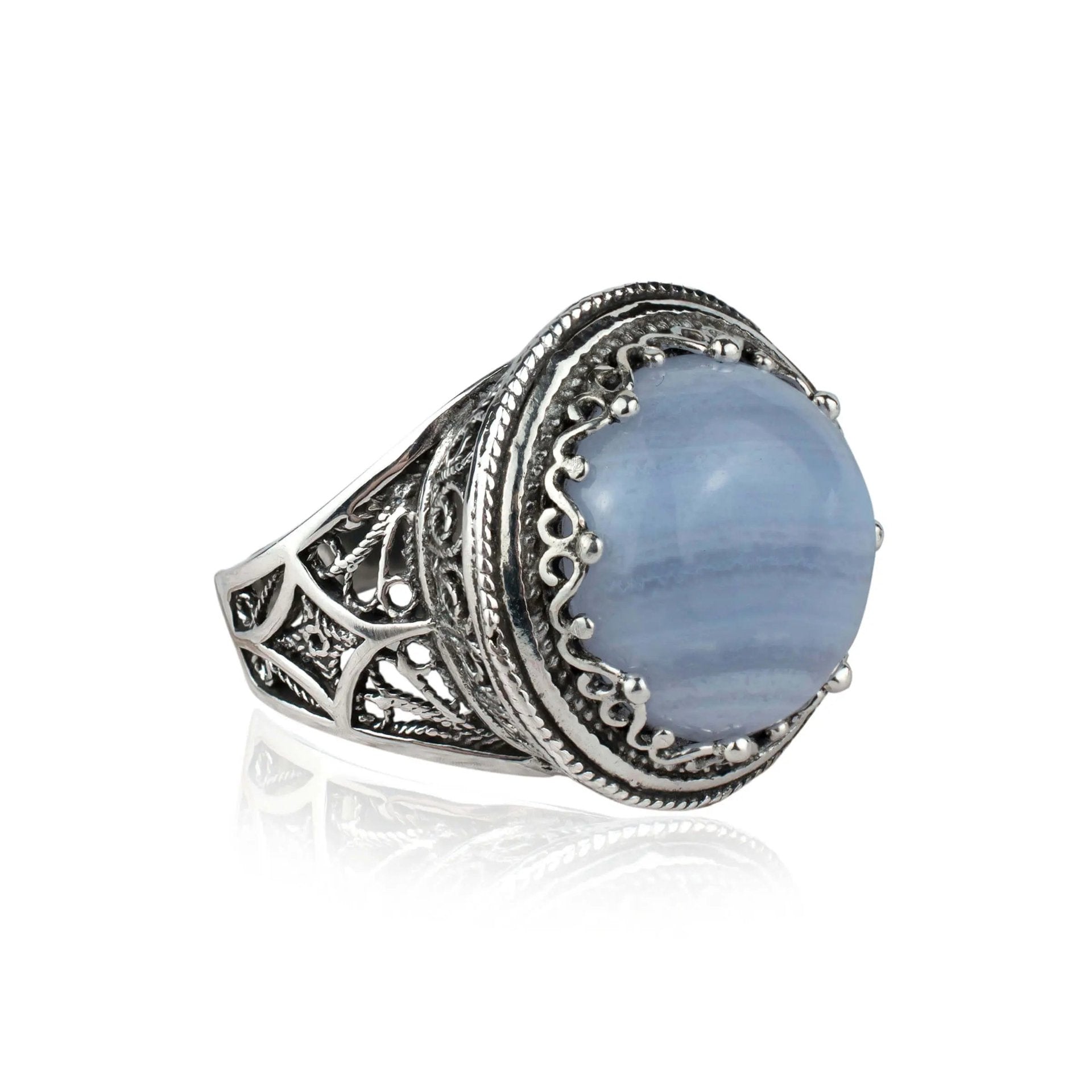 Filigree Art Blue Lace Agate Gemstone Women Silver Bold Statement Ring - Drakoi Marketplace