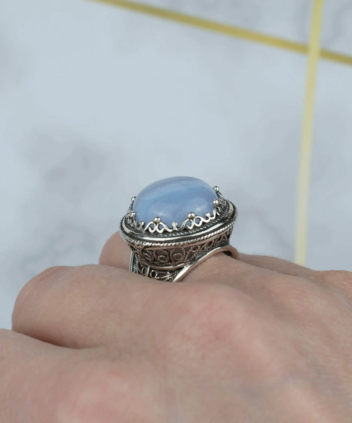 Filigree Art Blue Lace Agate Gemstone Women Silver Bold Statement Ring - Drakoi Marketplace