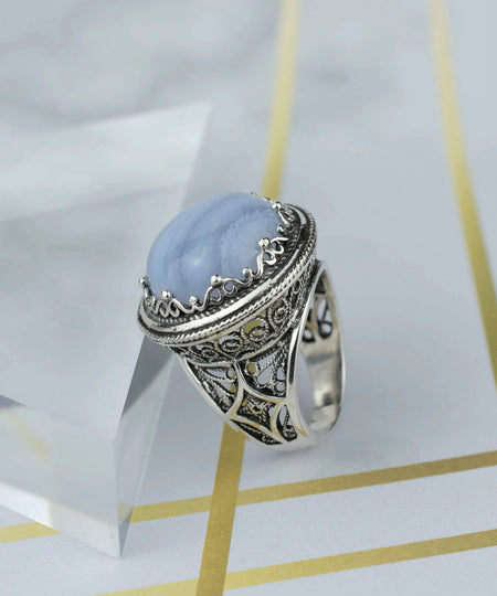 Filigree Art Blue Lace Agate Gemstone Women Silver Bold Statement Ring - Drakoi Marketplace