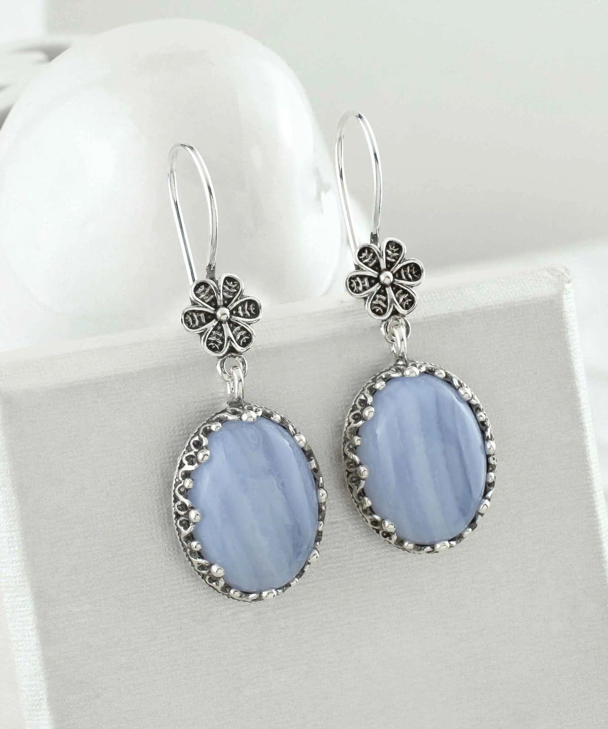 Filigree Art Blue Lace Agate Gemstone Women Silver Oval Dangle Earrings - Drakoi Marketplace