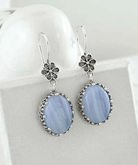 Filigree Art Blue Lace Agate Gemstone Women Silver Oval Dangle Earrings - Drakoi Marketplace