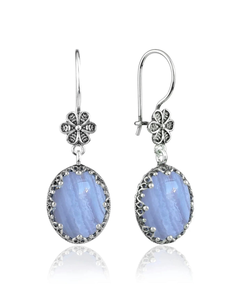 Filigree Art Blue Lace Agate Gemstone Women Silver Oval Dangle Earrings - Drakoi Marketplace