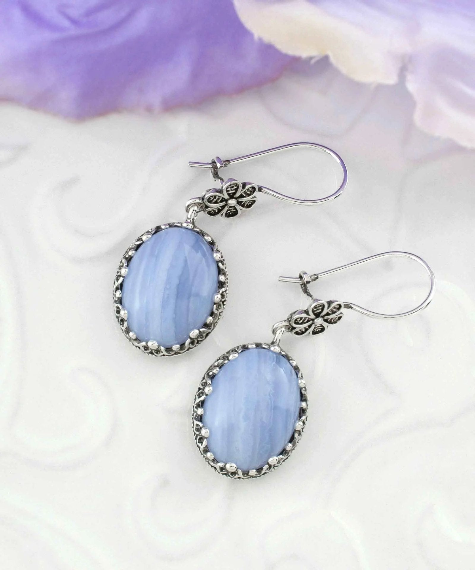 Filigree Art Blue Lace Agate Gemstone Women Silver Oval Dangle Earrings - Drakoi Marketplace