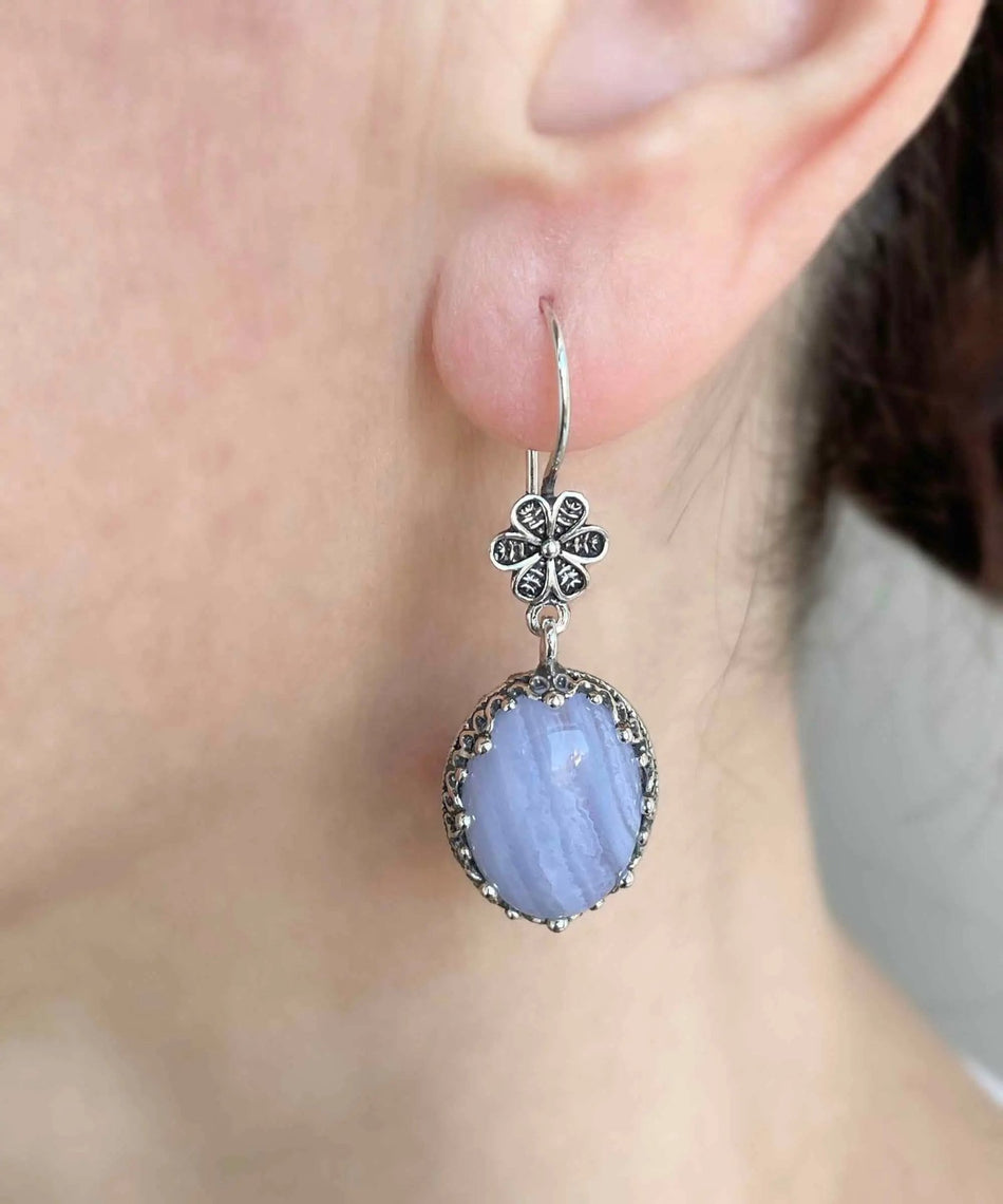 Filigree Art Blue Lace Agate Gemstone Women Silver Oval Dangle Earrings - Drakoi Marketplace