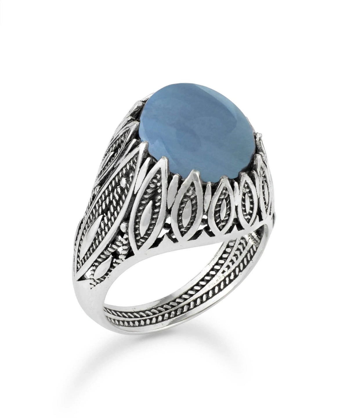 Filigree Art Blue Lace Agate Gemstone Women Silver Statement Ring - Drakoi Marketplace