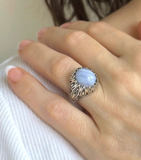 Filigree Art Blue Lace Agate Gemstone Women Silver Statement Ring - Drakoi Marketplace