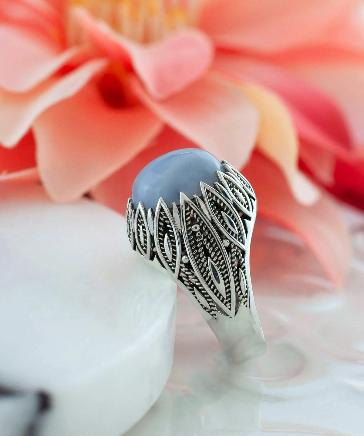 Filigree Art Blue Lace Agate Gemstone Women Silver Statement Ring - Drakoi Marketplace