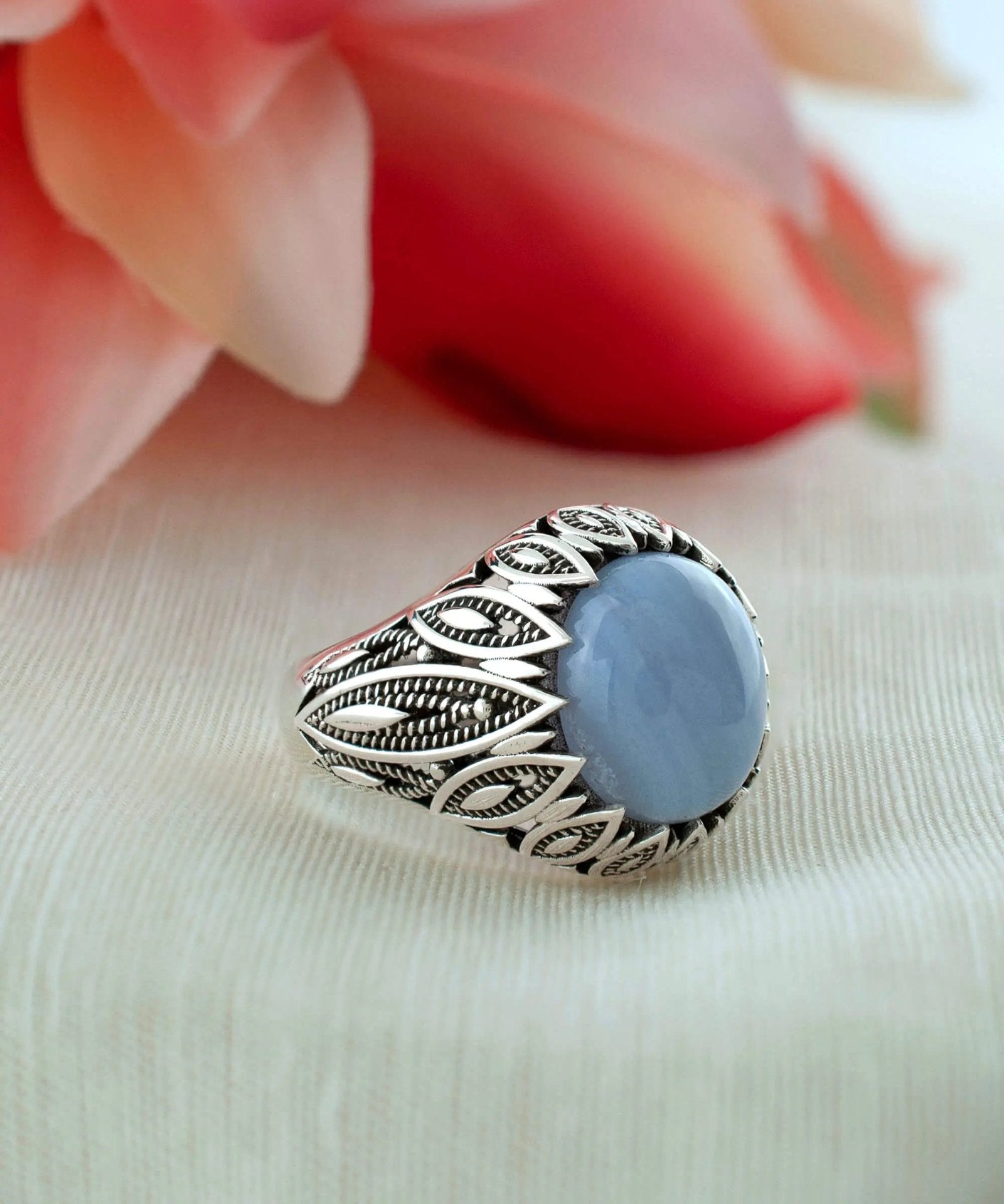 Filigree Art Blue Lace Agate Gemstone Women Silver Statement Ring - Drakoi Marketplace