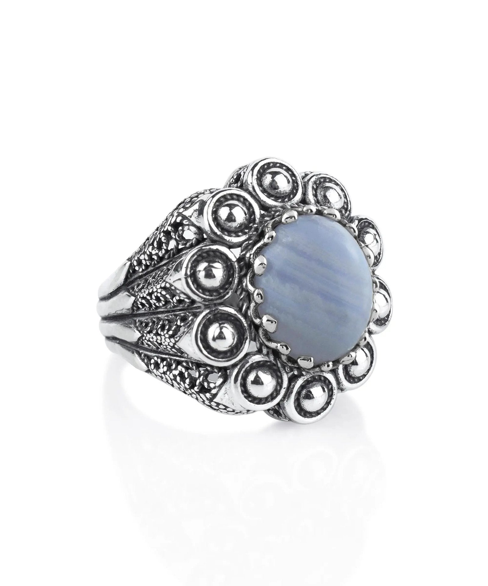 Filigree Art Blue Lace Agate Gemstone Women Statement Dome Ring - Drakoi Marketplace