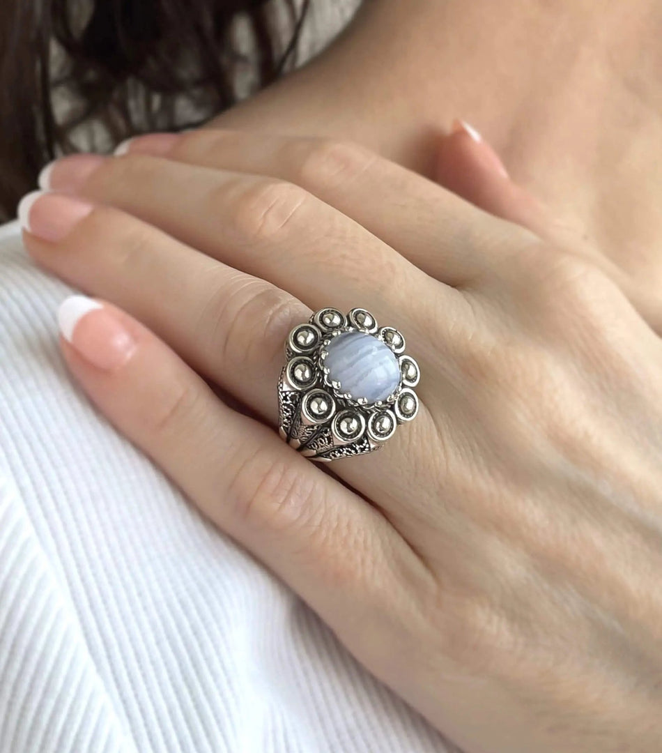 Filigree Art Blue Lace Agate Gemstone Women Statement Dome Ring - Drakoi Marketplace