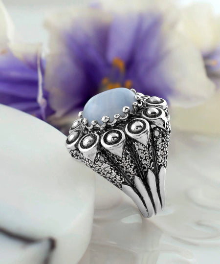 Filigree Art Blue Lace Agate Gemstone Women Statement Dome Ring - Drakoi Marketplace