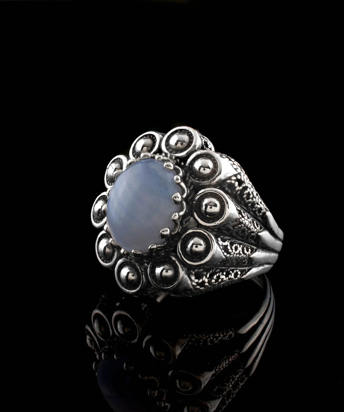 Filigree Art Blue Lace Agate Gemstone Women Statement Dome Ring - Drakoi Marketplace