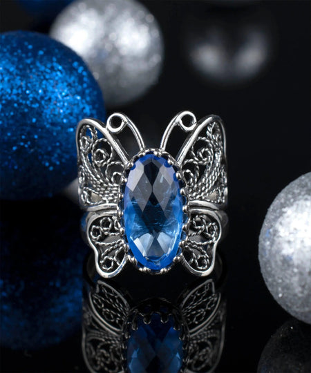 Filigree Art Blue Quartz Gemstone Butterfly Design Women Silver Cocktail Ring - Drakoi Marketplace