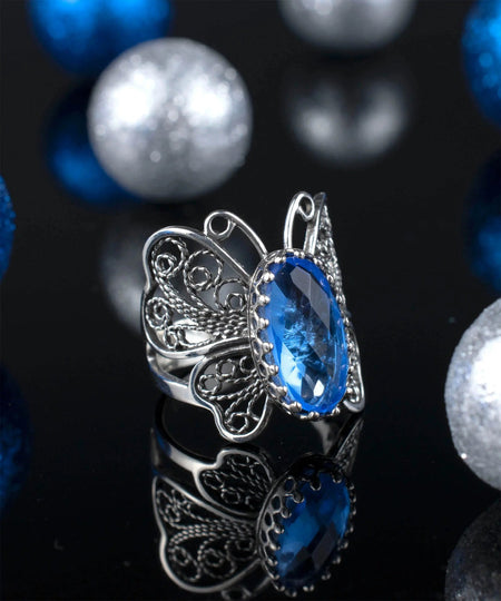 Filigree Art Blue Quartz Gemstone Butterfly Design Women Silver Cocktail Ring - Drakoi Marketplace