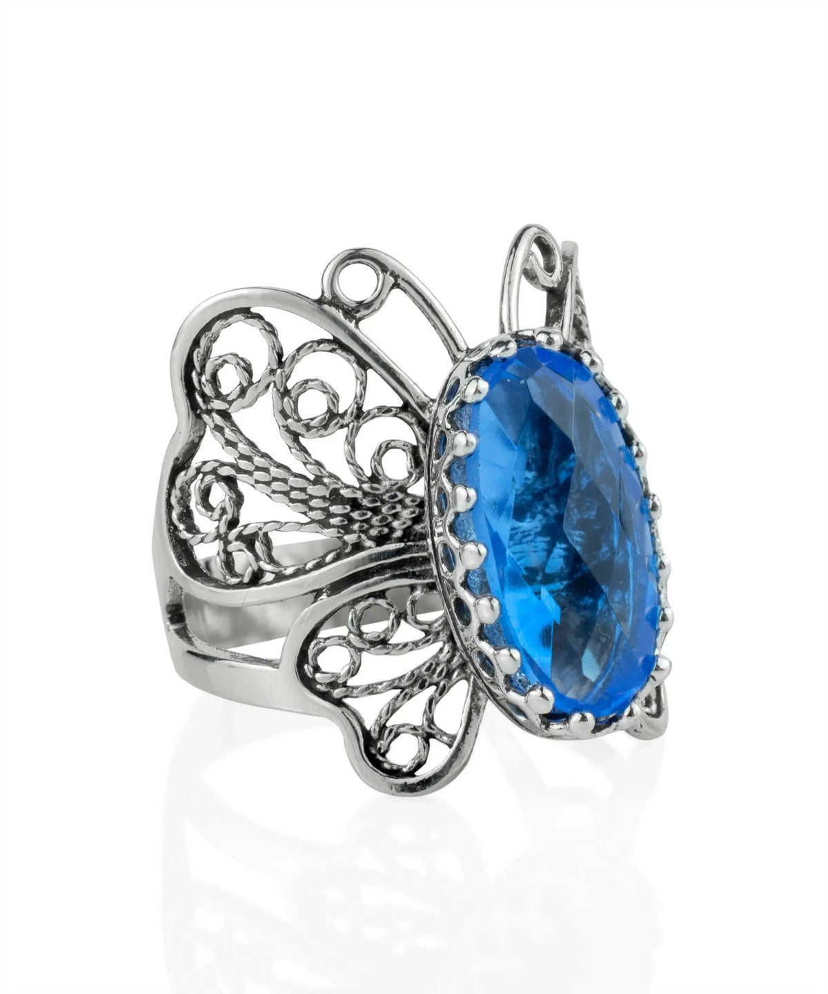 Filigree Art Blue Quartz Gemstone Butterfly Design Women Silver Cocktail Ring - Drakoi Marketplace