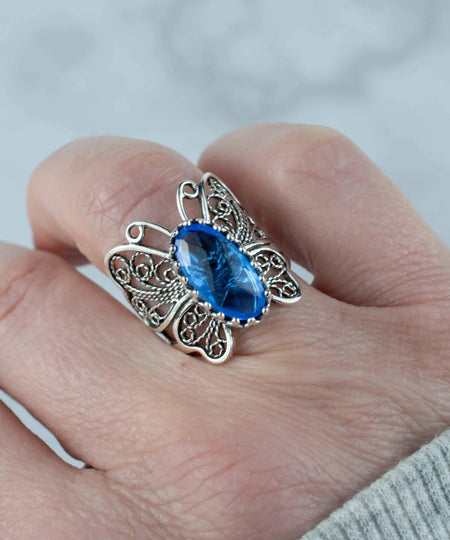 Filigree Art Blue Quartz Gemstone Butterfly Design Women Silver Cocktail Ring - Drakoi Marketplace