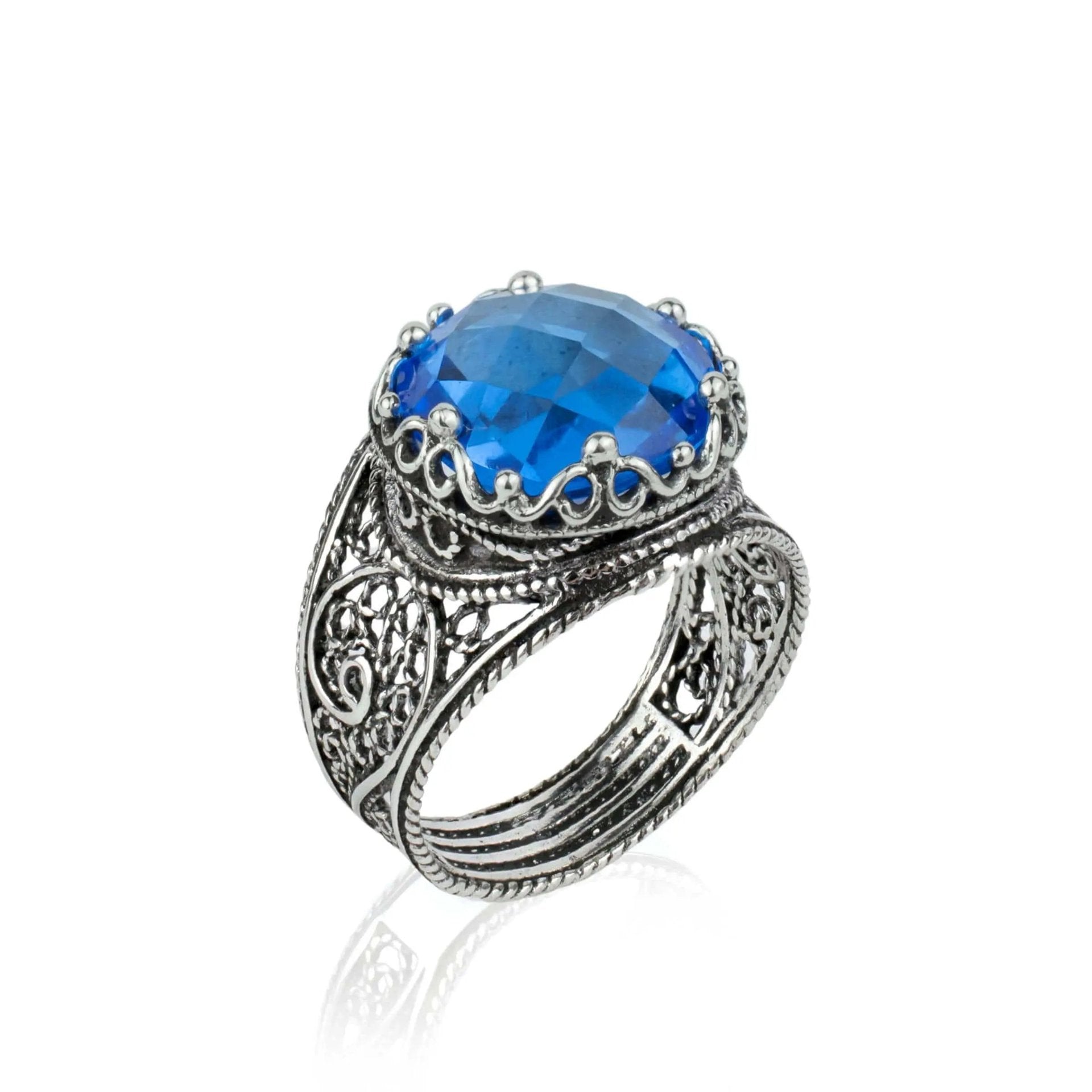 Filigree Art Blue Quartz Gemstone Crown Design Women Silver Statement Ring - Drakoi Marketplace