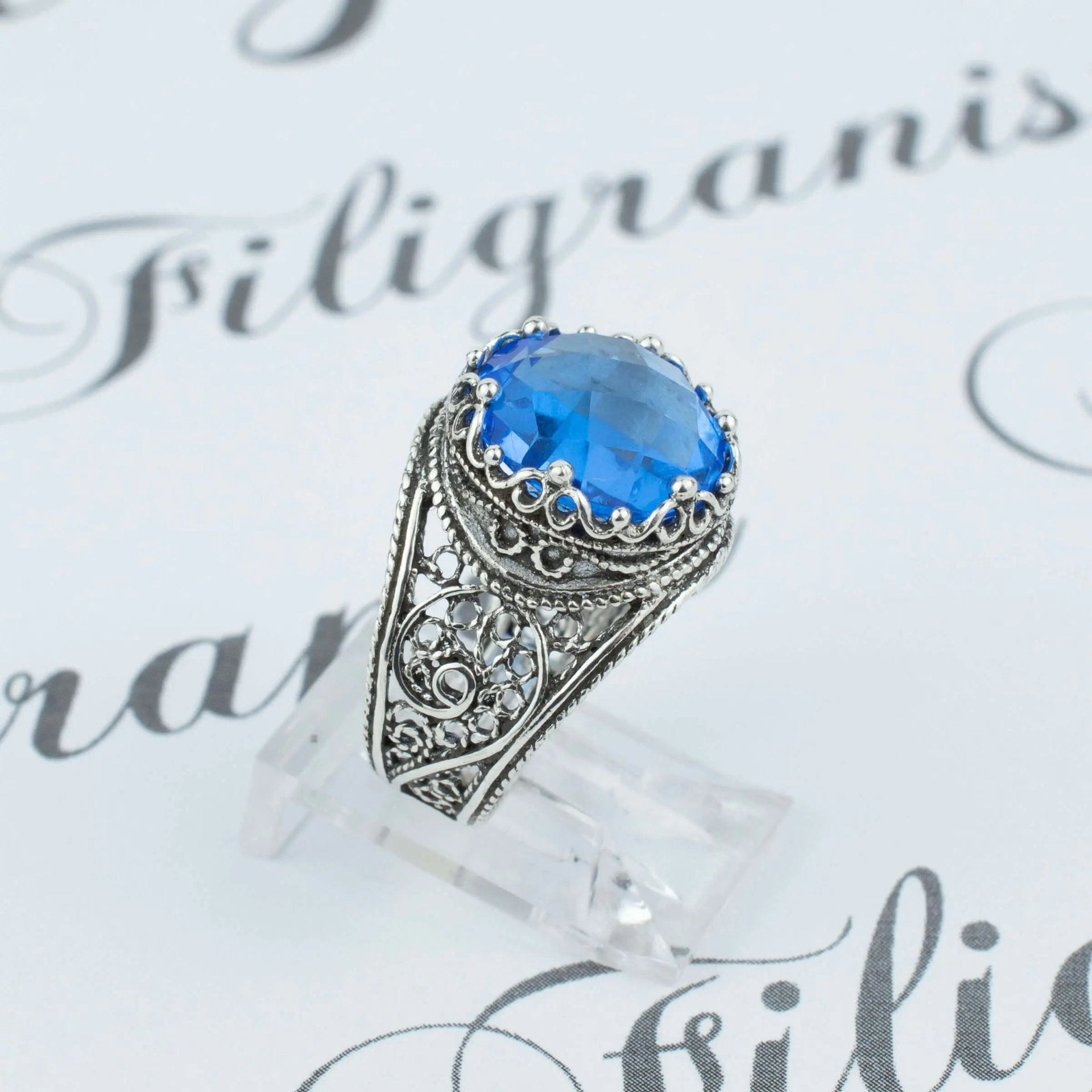 Filigree Art Blue Quartz Gemstone Crown Design Women Silver Statement Ring - Drakoi Marketplace