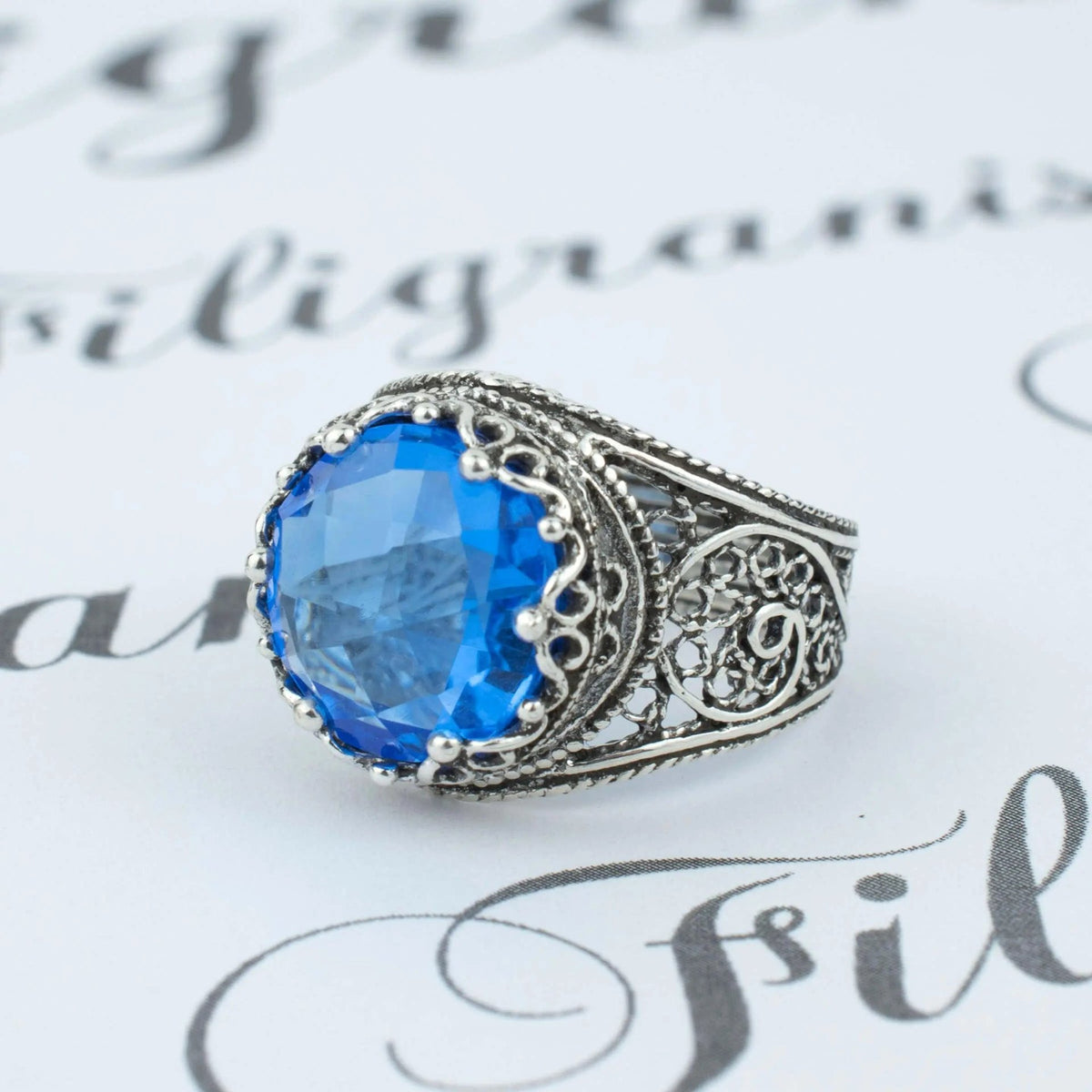 Filigree Art Blue Quartz Gemstone Crown Design Women Silver Statement Ring - Drakoi Marketplace