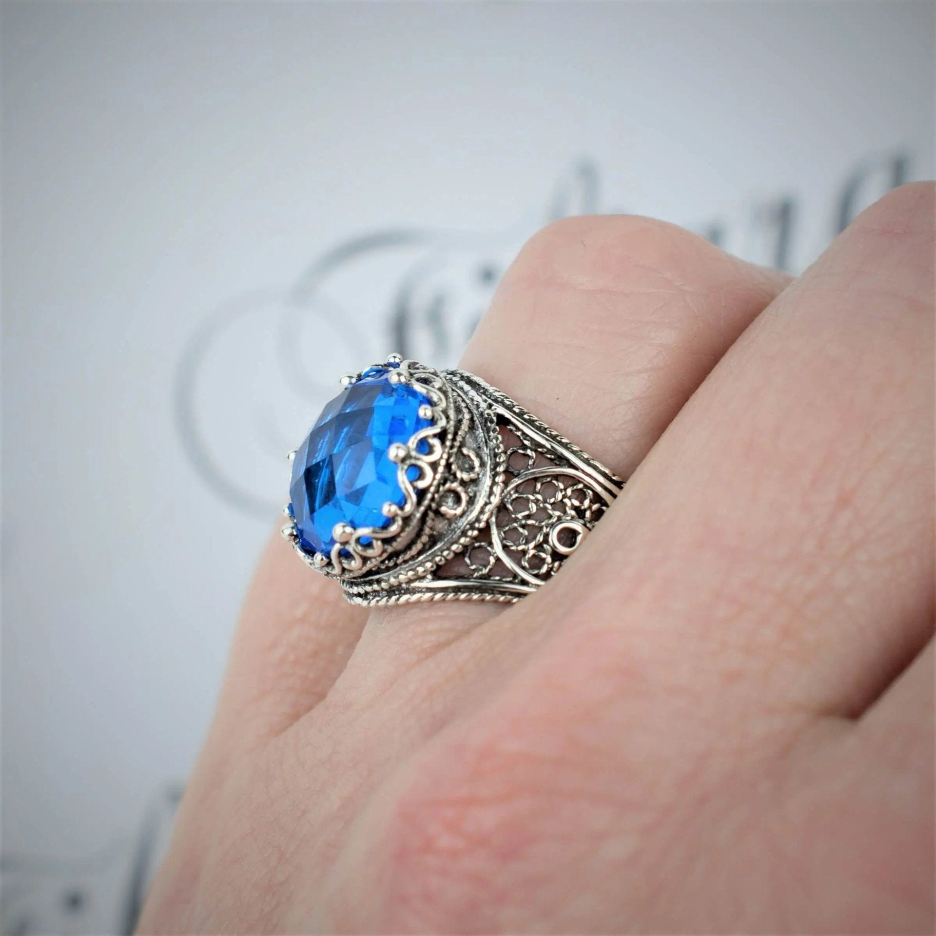 Filigree Art Blue Quartz Gemstone Crown Design Women Silver Statement Ring - Drakoi Marketplace