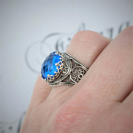 Filigree Art Blue Quartz Gemstone Crown Design Women Silver Statement Ring - Drakoi Marketplace