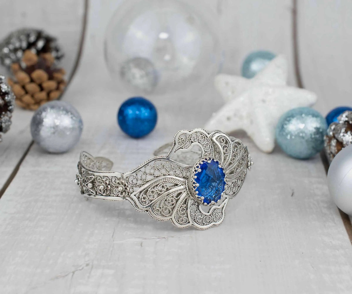 Filigree Art Blue Quartz Gemstone Double Swan Figured Women Silver Cuff Bracelet - Drakoi Marketplace