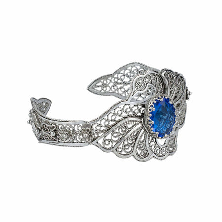 Filigree Art Blue Quartz Gemstone Double Swan Figured Women Silver Cuff Bracelet - Drakoi Marketplace