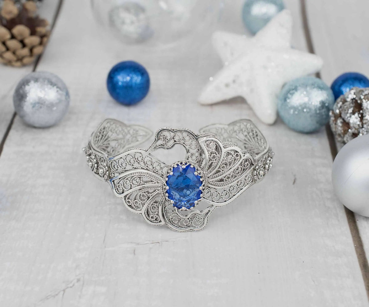 Filigree Art Blue Quartz Gemstone Double Swan Figured Women Silver Cuff Bracelet - Drakoi Marketplace