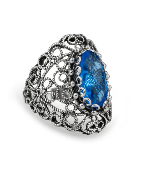 Filigree Art Blue Quartz Gemstone Lace Detailed Women Silver Statement Ring - Drakoi Marketplace