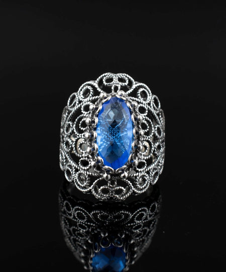 Filigree Art Blue Quartz Gemstone Lace Detailed Women Silver Statement Ring - Drakoi Marketplace