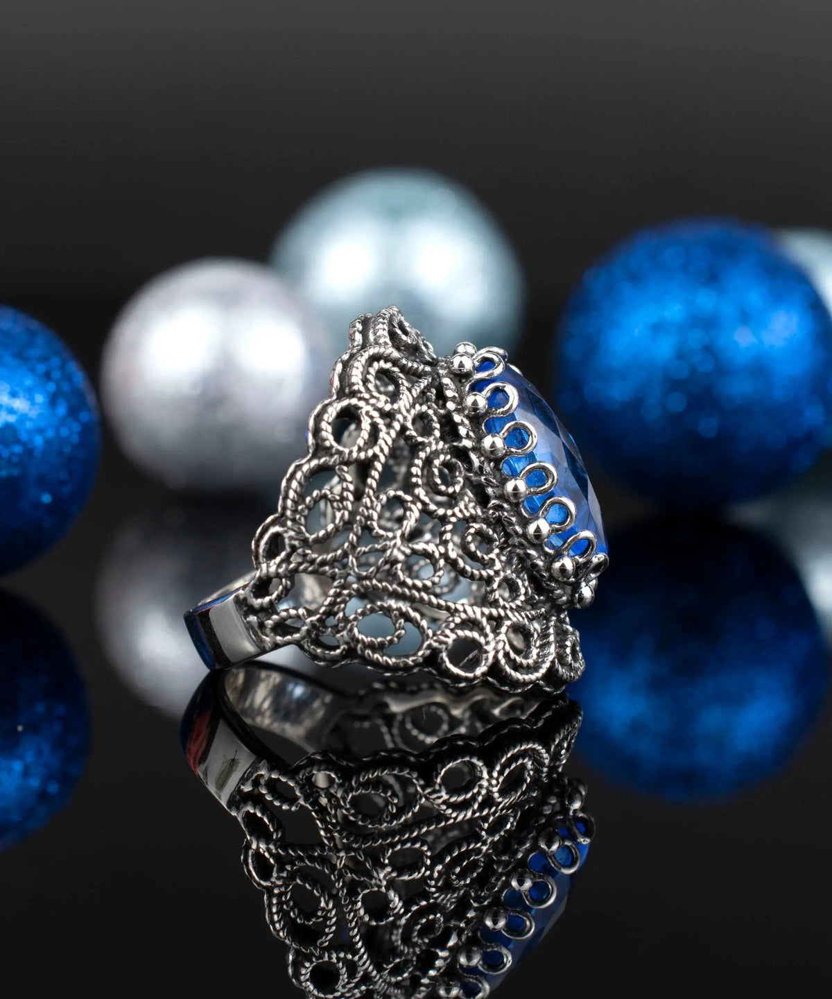 Filigree Art Blue Quartz Gemstone Lace Detailed Women Silver Statement Ring - Drakoi Marketplace