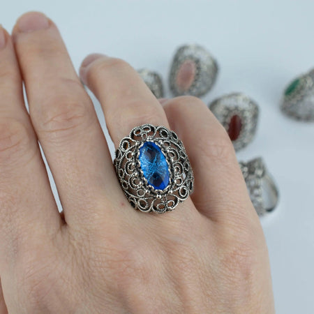 Filigree Art Blue Quartz Gemstone Lace Detailed Women Silver Statement Ring - Drakoi Marketplace