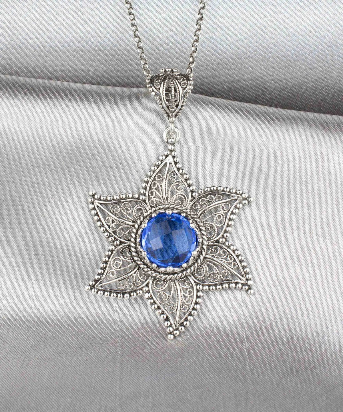 Filigree Art Blue Quartz Gemstone Star Design Women Silver Pendant Necklace - Drakoi Marketplace