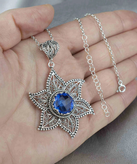 Filigree Art Blue Quartz Gemstone Star Design Women Silver Pendant Necklace - Drakoi Marketplace