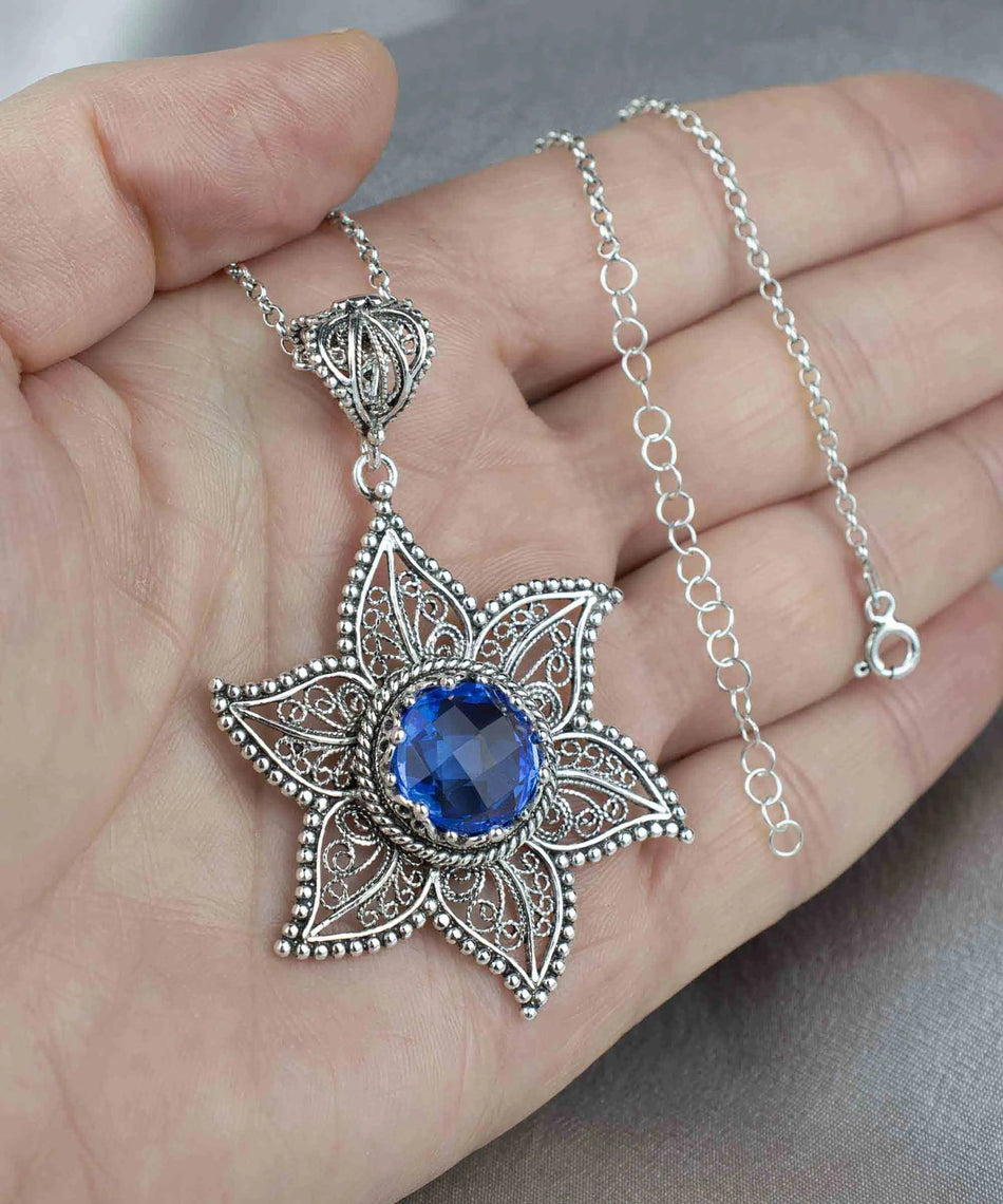 Filigree Art Blue Quartz Gemstone Star Design Women Silver Pendant Necklace - Drakoi Marketplace