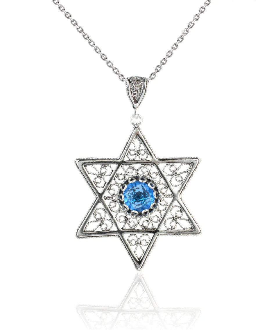 Filigree Art Blue Quartz Gemstone Star of David Women Silver Pendant Necklace - Drakoi Marketplace