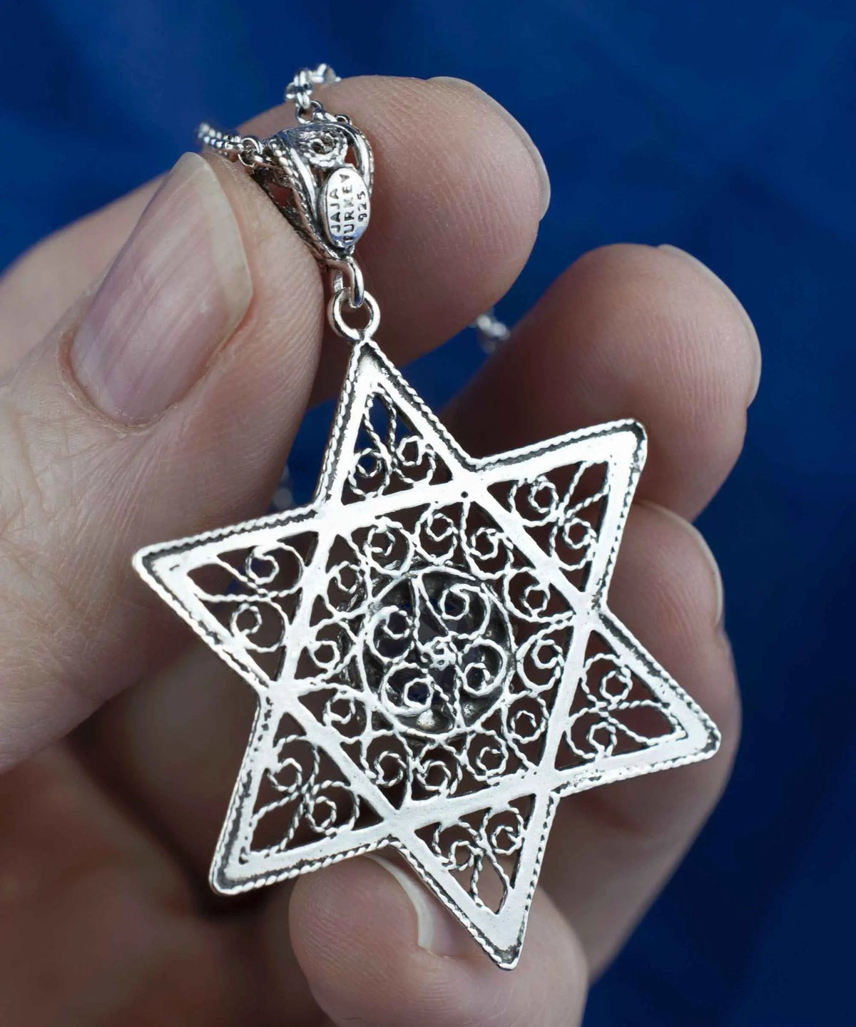 Filigree Art Blue Quartz Gemstone Star of David Women Silver Pendant Necklace - Drakoi Marketplace