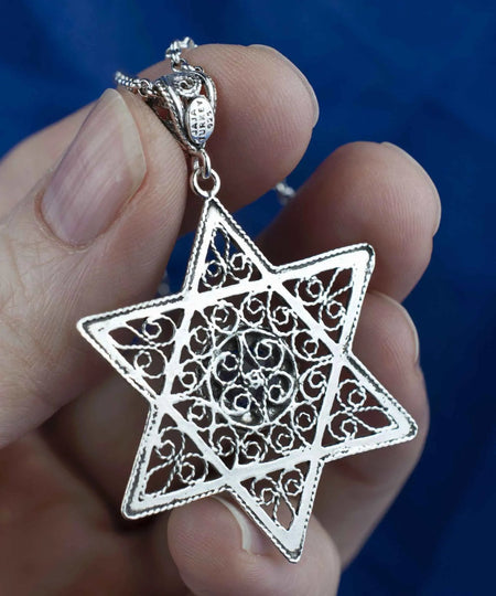 Filigree Art Blue Quartz Gemstone Star of David Women Silver Pendant Necklace - Drakoi Marketplace