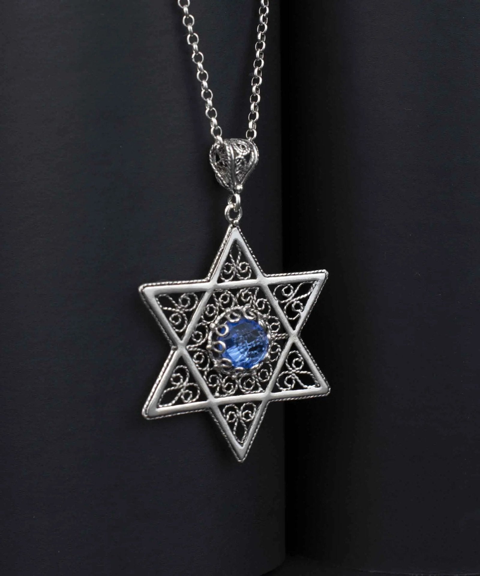 Filigree Art Blue Quartz Gemstone Star of David Women Silver Pendant Necklace - Drakoi Marketplace