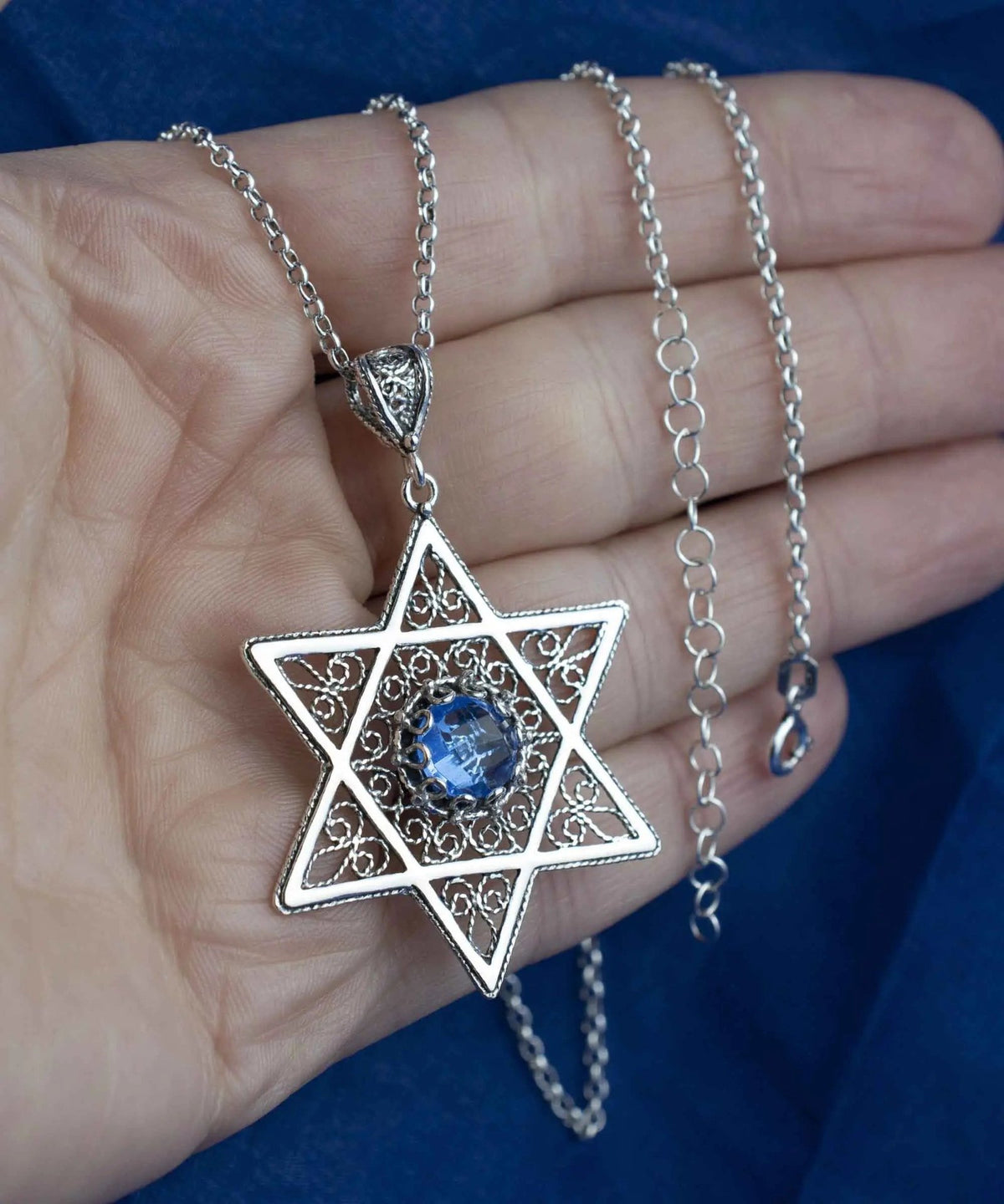 Filigree Art Blue Quartz Gemstone Star of David Women Silver Pendant Necklace - Drakoi Marketplace