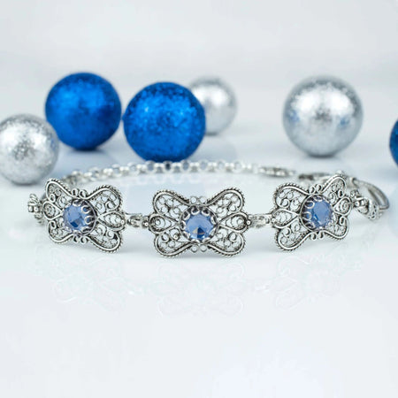 Filigree Art Blue Quartz Gemstone Women Butterfly Silver Link Bracelet - Drakoi Marketplace