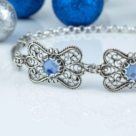 Filigree Art Blue Quartz Gemstone Women Butterfly Silver Link Bracelet - Drakoi Marketplace