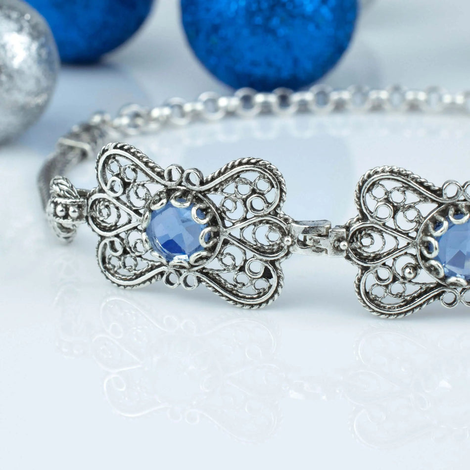 Filigree Art Blue Quartz Gemstone Women Butterfly Silver Link Bracelet - Drakoi Marketplace