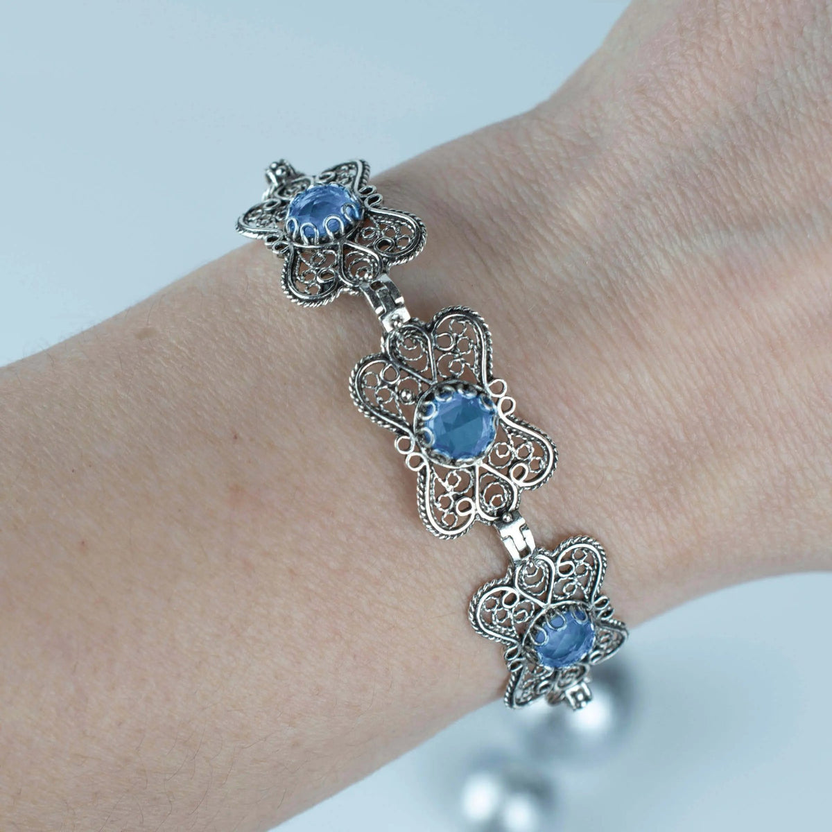 Filigree Art Blue Quartz Gemstone Women Butterfly Silver Link Bracelet - Drakoi Marketplace