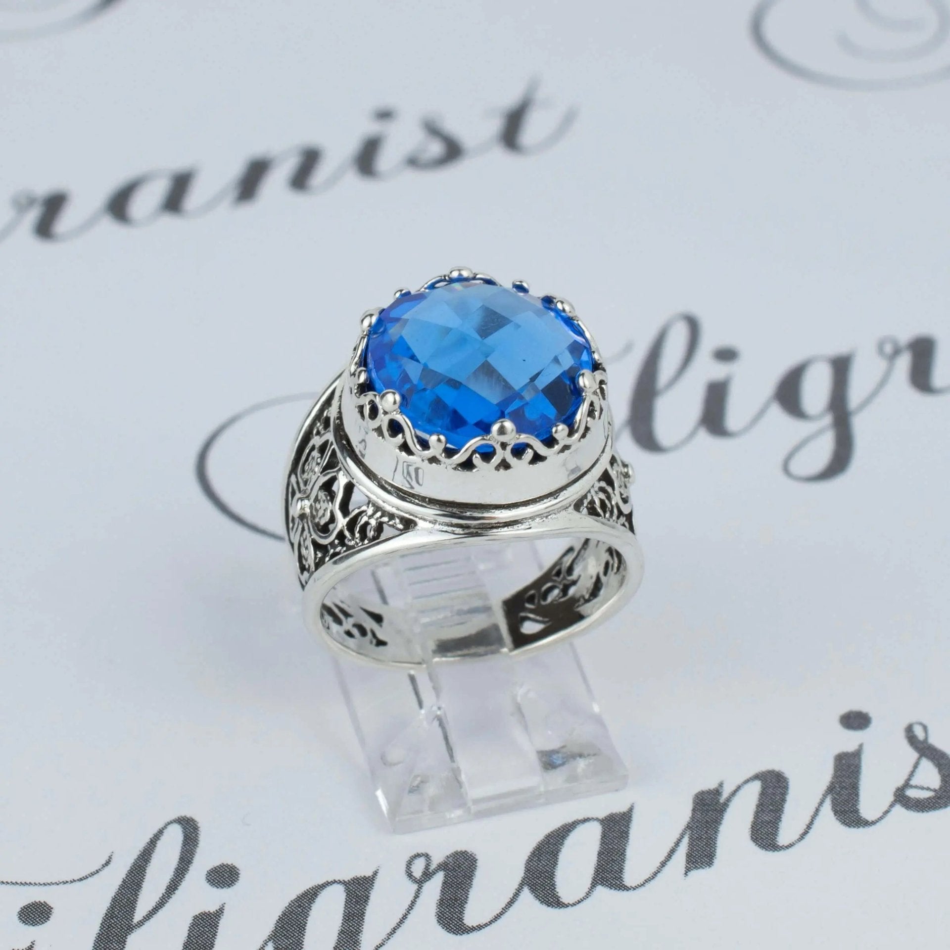 Filigree Art Blue Quartz Gemstone Women Crown Silver Statement Ring - Drakoi Marketplace